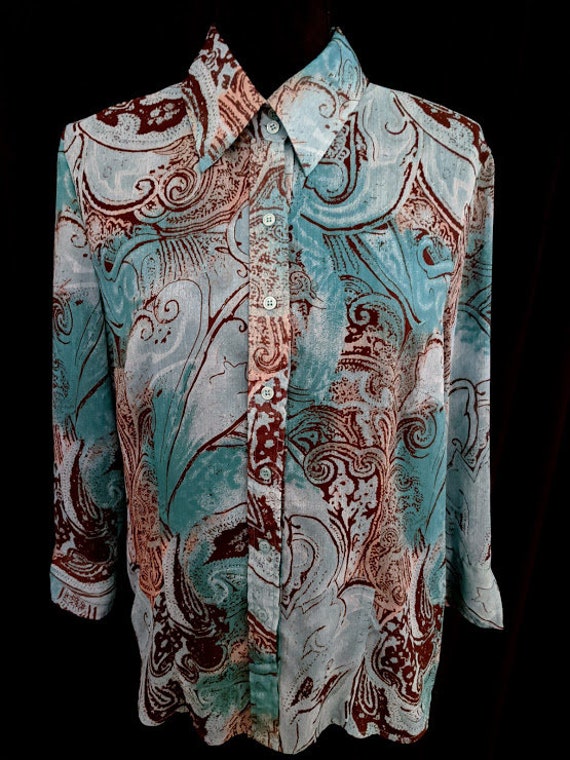 Lovely 1990s Teal & Brown Abstract Paisley Blouse 