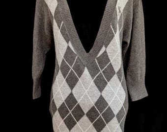 Vintage Abercrombie and Fitch Argyle Sweater Dress, Premium Wool & Rabbit Hair Blend, Deep V-Neck  Academic Style, Grey Mini Dress Size M