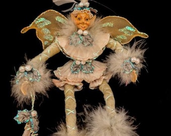 Vintage Whimsical Elf Fairy Ornament, Posable Pixie Figurine, Feather Pearl Decor