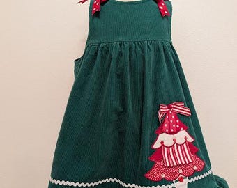 Size 4T Rare Editions Green Corduroy Christmas Dress/Jumper W/ Ribbon Tree in Reds And White