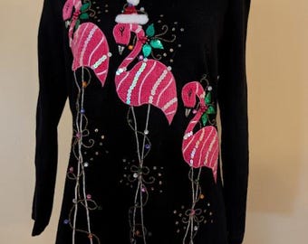 Vintage Jack B Quick Holiday Long Sleeve Pink Flamingo Christmas Sweater Beaded & Sequined, Quirky Florida