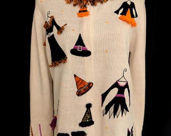 Vintage 90s J Two New York Halloween Sweater Cardigan Witch Wearable Art Size S