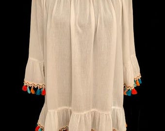 Crown & Ivy Cruise Wear White Top Colorful Tassels, Bell sleeves  Size Large