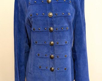Vintage 100% Leather, Royal Blue Suede Military Style Jacket – Size XL
