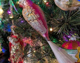 Vintage German Mercury Glass Bird Ornament, Large 8" Clip-On Cockatoo , Intact Spun Glass Tail, Mid-Century Hand-Blown Christmas Decor