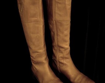Etienne Aigner Tan Leather Riding Boots, Equestrian, Crest Logo,  Classic, Women's Size 8