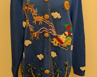 VTG. Jack B Quick Christmas Sweater Cardigan | Tropical Santa &  Reindeer | Blue Knit Quirky Christmas Sweater Women's Large By Measurement