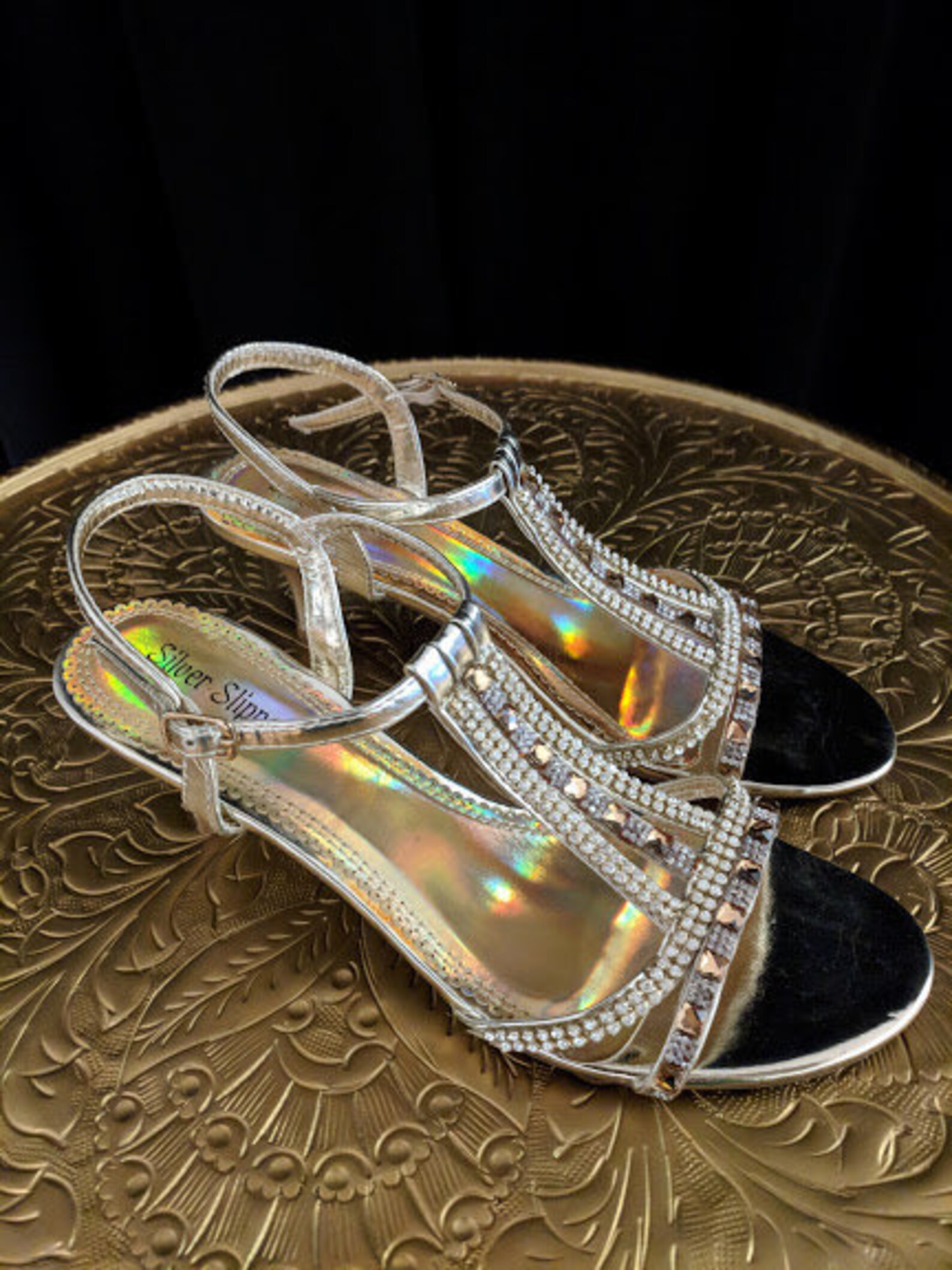 Ladies Iridescent Rhinestone Kitten Heel Sandals By Silver | Etsy