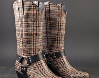 Vintage Western Plaid Rain Boots by Nomad Ladies Size 8 | Cowboy Style Harness Rainboots | Waterproof Riding Boots