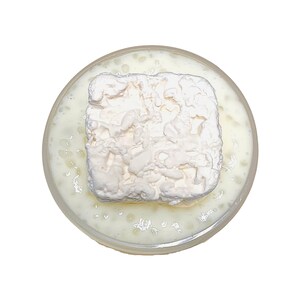 May include: A white, fluffy, square-shaped marshmallow sits on top of a clear glass bowl filled with a white, creamy liquid.