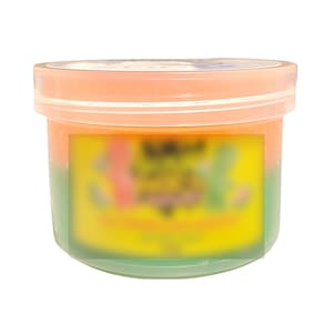 May include: A clear plastic jar with a pink lid filled with a layered green, orange, and pink substance. The jar has a yellow label with the text "Sweetened" and "Strawberry" on it.
