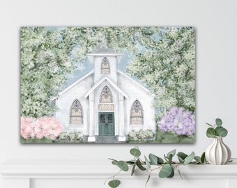 Impresión de lienzo de la iglesia, pintura de la iglesia, arte de Santa, arte de la iglesia, impresión de lienzo, arte de la pared, decoración de la granja, Giclee, arte de primavera