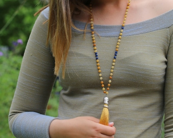 Gemstone Mala Necklace, Honey Jade Mala, Hand Made Knotted Beads Necklace, Tassel Necklace, Meditation Necklace, Long Necklaces for Women