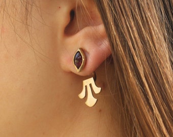 Garnet earrings in gold, Unique dainty earrings, January birthstone ear jacket, Elegant designer earrings, Front back earrings, Gift for her
