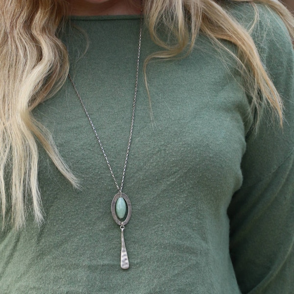 Aventurine Necklace, Silver Necklace, Gemstone Necklaces for Women, Long Necklace, Long Pendant Necklace, Boho Necklace, Gift Jewelry