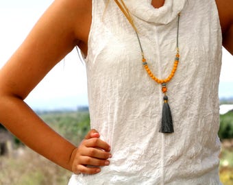 Yellow Beaded Tassel Necklace: Boho Long Statement Jewelry