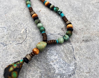Men Beaded Necklace For Men, Gemstone Necklaces For Men, Turquoise Pendant Necklace, Y Blue Beaded Necklace, Gift For Him