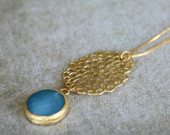 Extra Long Aqua Marine Round Pendant  Necklace For Woman / Aquamarine And Gold Necklace / Classic Pendant Necklace / Christmas Gift