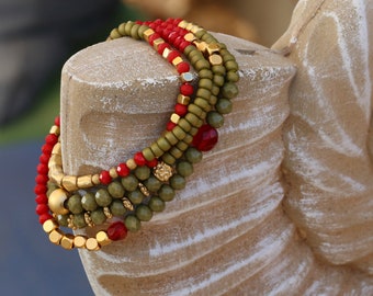 Gold & Green Beaded Wrap Bracelet: Bohemian Crystal Jewelry