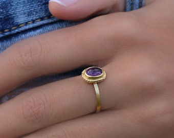 Oval Amethyst Engagement Ring: Dainty Gold February Birthstone