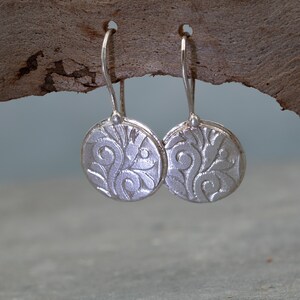 Silver Disc Earrings • Dangle  Silver Earrings • Floral Textured Drop Earrings • Boho Drops • Statement  Dangles Gift Earrings Christmas