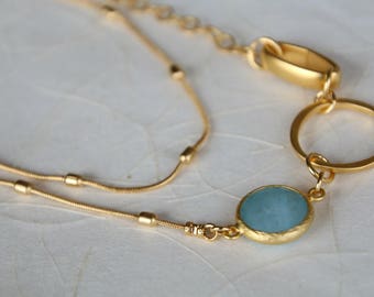 Gold Plated Long Necklace: Blue Jade Pendant, Boho Style