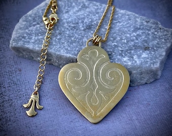 Gold pendant necklace, Engraved heart pendant for women, Artisan bohemian jewelry, Unique handmade jewelry, Statement jewelry, Gift for her