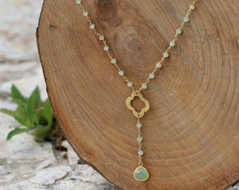 Beaded Gold Necklace with Crystal Pendant - Simple and Elegant