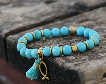 Howlite Gemstone Bracelet: Boho Beaded Charm, Gold Accents