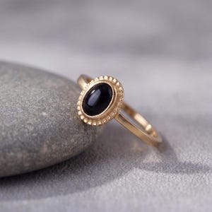 Black Onyx Ring, Antique Oval Solitaire - Milgrain Bezel | Gold-Plated | Handmade Jewelry