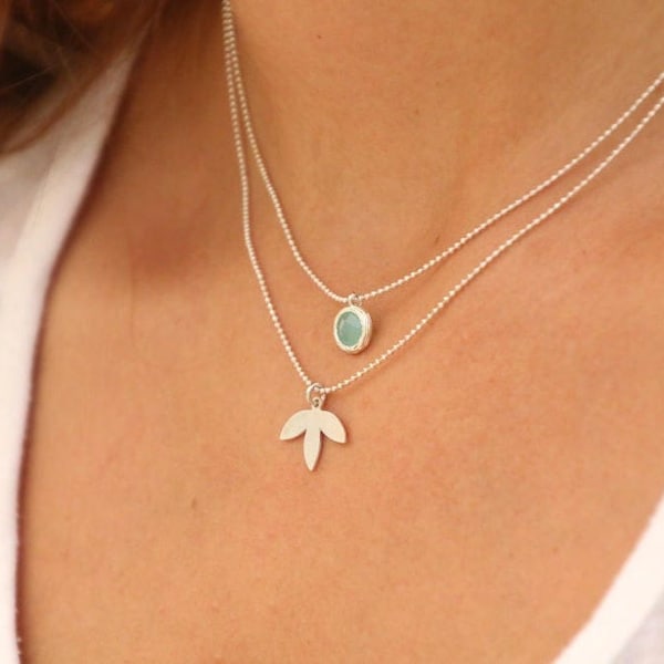 Dainty Layered Necklace: Silver Ball Chain, Gem & Leaf Pendants