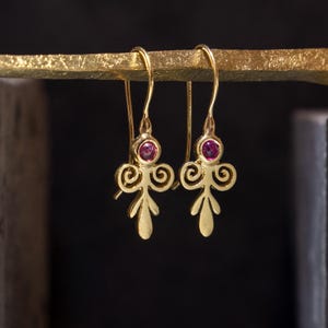 Pink Tourmaline Dangle Earrings: Vintage Gold Floral Spirals