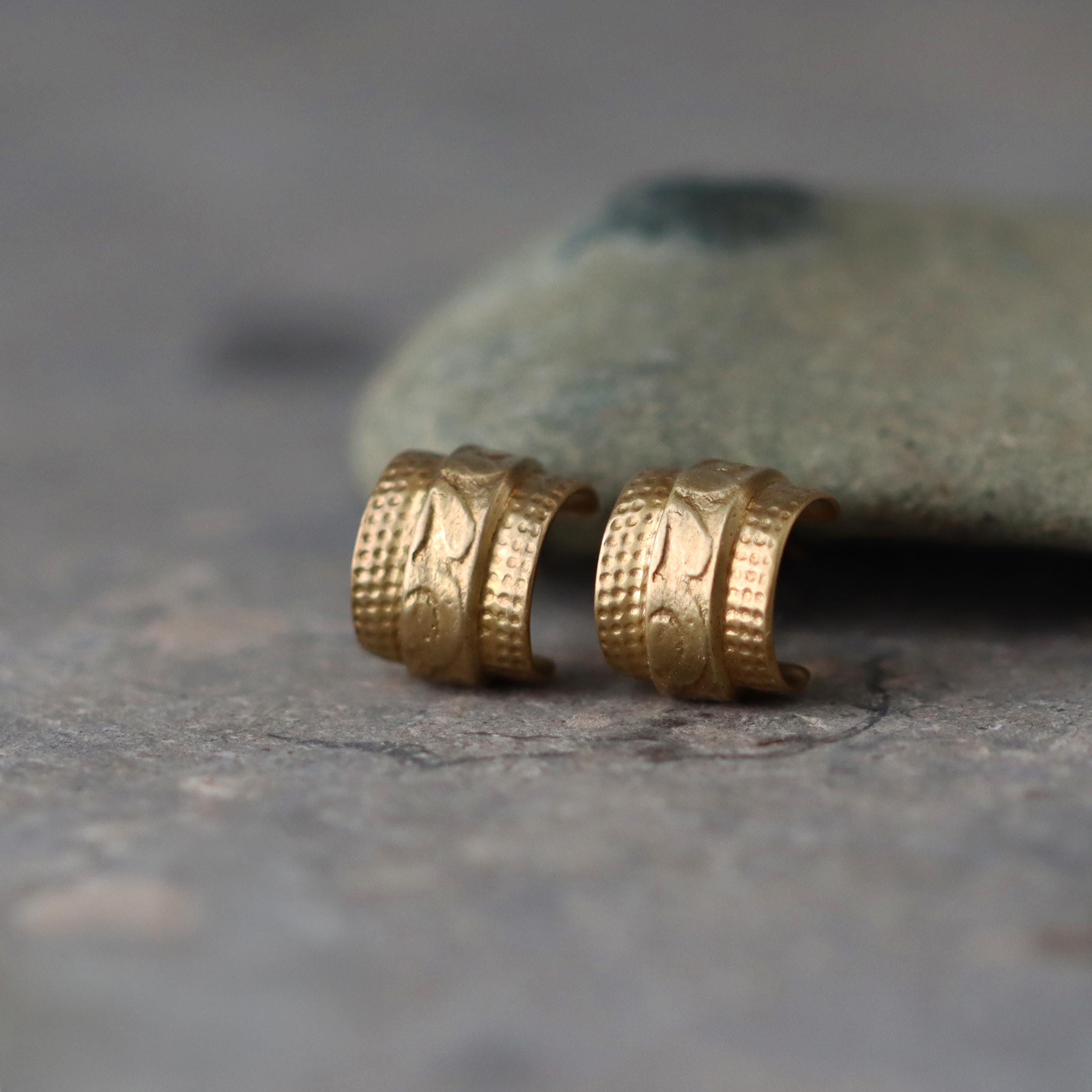 Textured Huggie Hoop Earrings • Handmade Gold Semi Hoop Earrings • Stamped Floral & Geometric Pattern Hoops • Statement Boho Gift Earringsr
