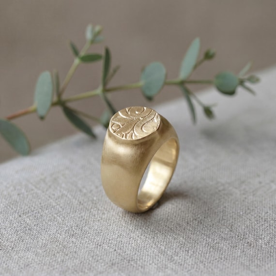 Gold Floral Signet Ring • Botanical Statement Ring • Handmade Wide Band Jewelry For Women
