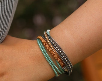 Handmade Leather Bracelets with Silver-Plated Brass, Crystal Beads, Boho Style