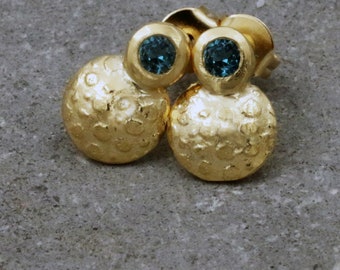Blue Topaz Gold Stud Earrings, Gold Ear Jacket,14k Gold Earrings For Women, Blue Dainty Earrings, Bridal Earrings, Round   Mothers Day Gift