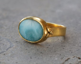 Handmade 14K Gold Larimar Ring - Boho Statement Ring