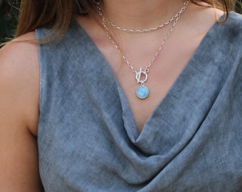 Sterling Silver Aquamarine Pendant Necklace: Extra Long Toggle Chain