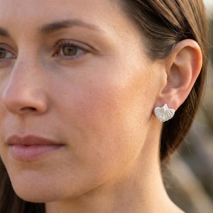 May include: Silver seashell stud earrings. The earrings are shaped like a scallop shell with detailed ridges. The earrings are worn on the ear of a person.