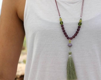 Handmade Tassel Necklace: Green Czech Beads, Boho Statement Jewelry