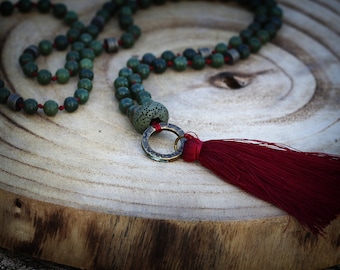 Red Tassel Green Jade Mala Necklace for Yoga - Handmade Gift