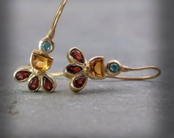 Multi Gemstone Gold Earrings, Citrine, Topaz, Garnet Earrings. Colorful Earrings, 14k Gold Earrings, Statement Earrings, Mothers Day Gift
