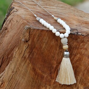 Beige Tassel Necklace: Long Boho Beaded Statement Jewelry