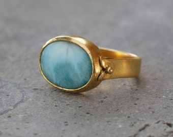 Boho Rings,Larimar Jewelry,Larimar Stone Ring,Gem Ring,Statement Rings,14K Gold Rings for Women,Solitaire Ring,Handmade Jewelry