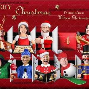 Puede incluir: Una invitaci&oacute;n digital con tem&aacute;tica navide&ntilde;a con las palabras "MERRY Christmas" en dorado. La invitaci&oacute;n presenta ilustraciones de dibujos animados de personas vestidas con atuendos festivos, con el texto "From all of us at Wilson Electronics".