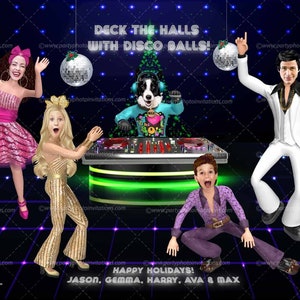 Tarjeta navideña disco, divertida tarjeta navideña familiar de los años 70 y 80, tarjeta navideña retro, Navidad disco, tarjeta navideña retro, tema de los 80, muñeca disco