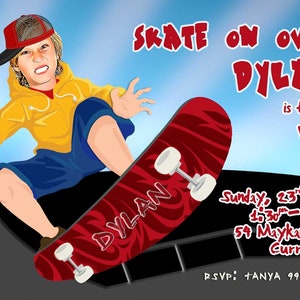 Uitnodiging skaterfeest personaliseren, skateboard verjaardagsuitnodiging, skateboardfeest, skateboarduitnodiging, aangepaste gezichtsuitnodiging, jongensfeest
