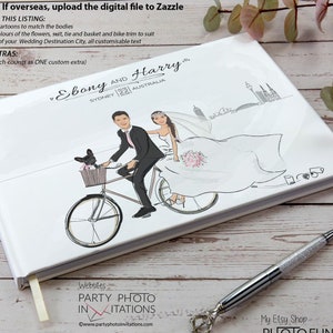 Illustriertes Hochzeitsgästebuch, Tandem Bike Hochzeitsposter, Skyline der Stadt, Personalisiertes Hochzeitsgästebuch, Benutzerdefinierter Empfang Signierbuch