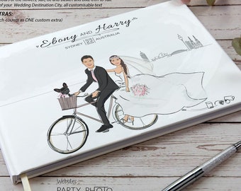 Livre d’or de mariage illustré, affiche de mariage en vélo tandem, horizon de la ville, livre d’or de mariage personnalisé, livre de signature de réception personnalisé
