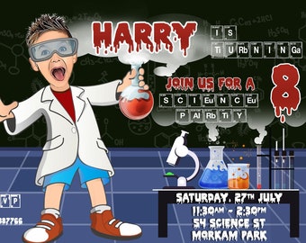 Science Birthday Party Invitation for boy or girl-Personalized with your photo, Mad Science Invitation, Science Party, caricature scientist